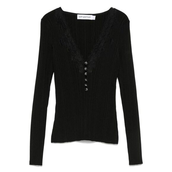 SELF-PORTRAIT Ribbed Lace Trimmed V-Neck Sweater Women BLACK Sweaters & Knitwear